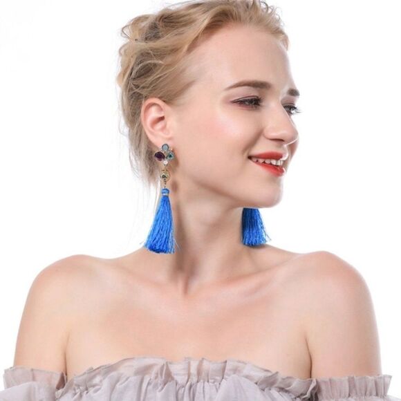 Blue Tassel Fringe Floral Crystal Rhinestone Gold Dangle Statement Earrings - Picture 4 of 11